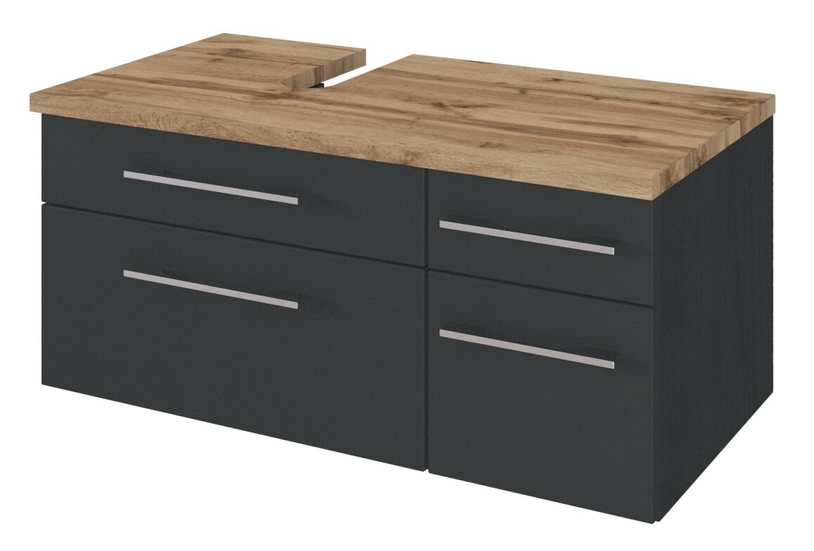 Moderner Waschbeckenunterschrank mit dunkler Front und Holzplatte, perspektivisch von vorne links betrachtet.