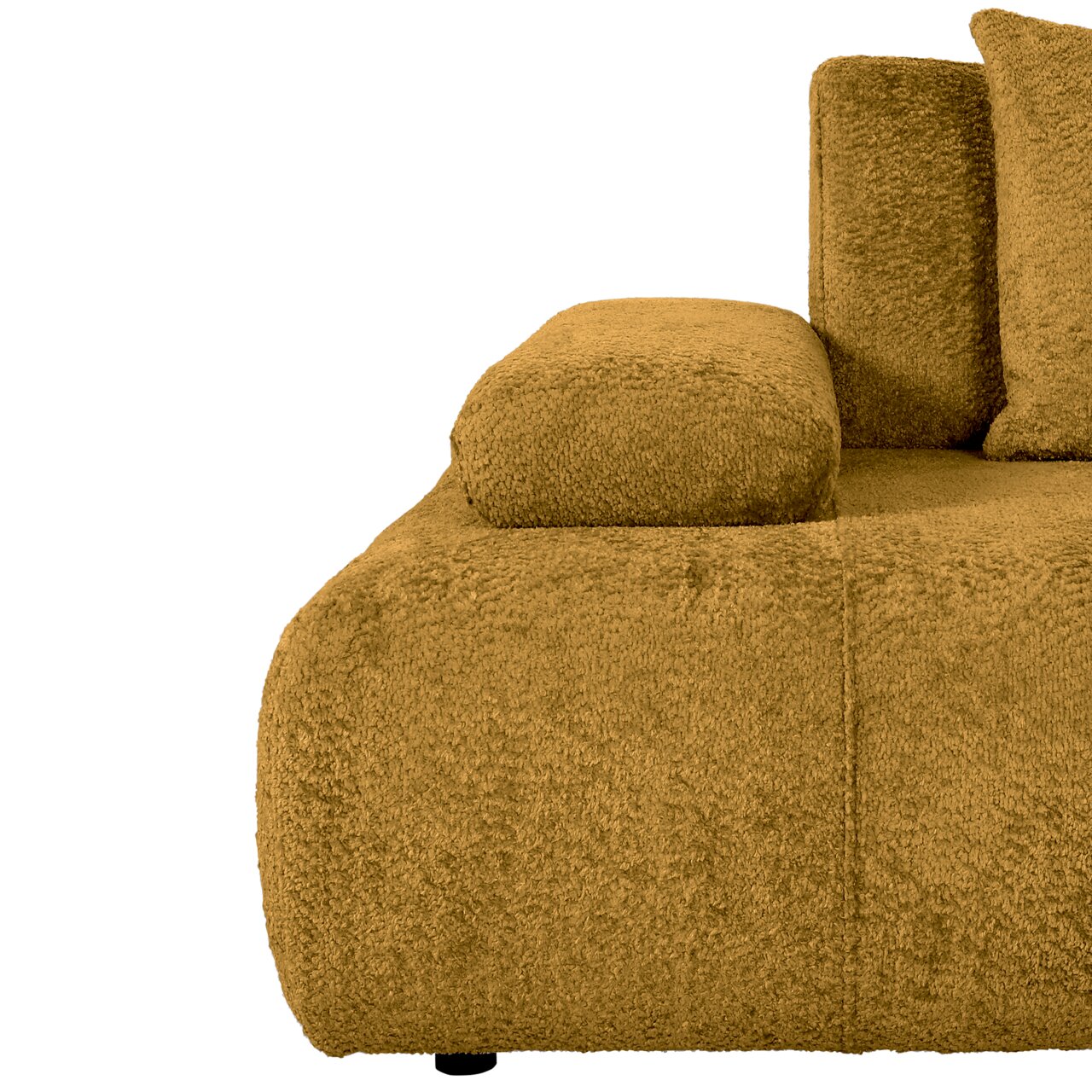 Nahaufnahme eines gelben 2-Sitzer Sofas mit weicher Textur, seitliche Perspektive