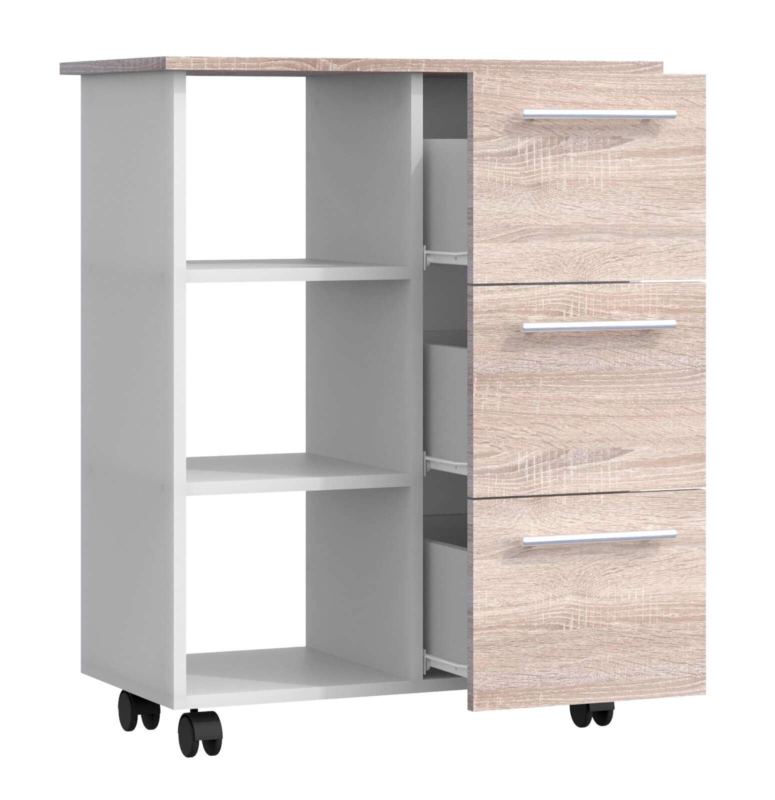 Rollcontainer/Büroschrank in heller Holzoptik mit weißem Regalteil und drei Schubladen mit silbernen Griffen, Seitenansicht von vorne rechts, eine Schublade geöffnet, auf Rollen vor weißem Hintergrund