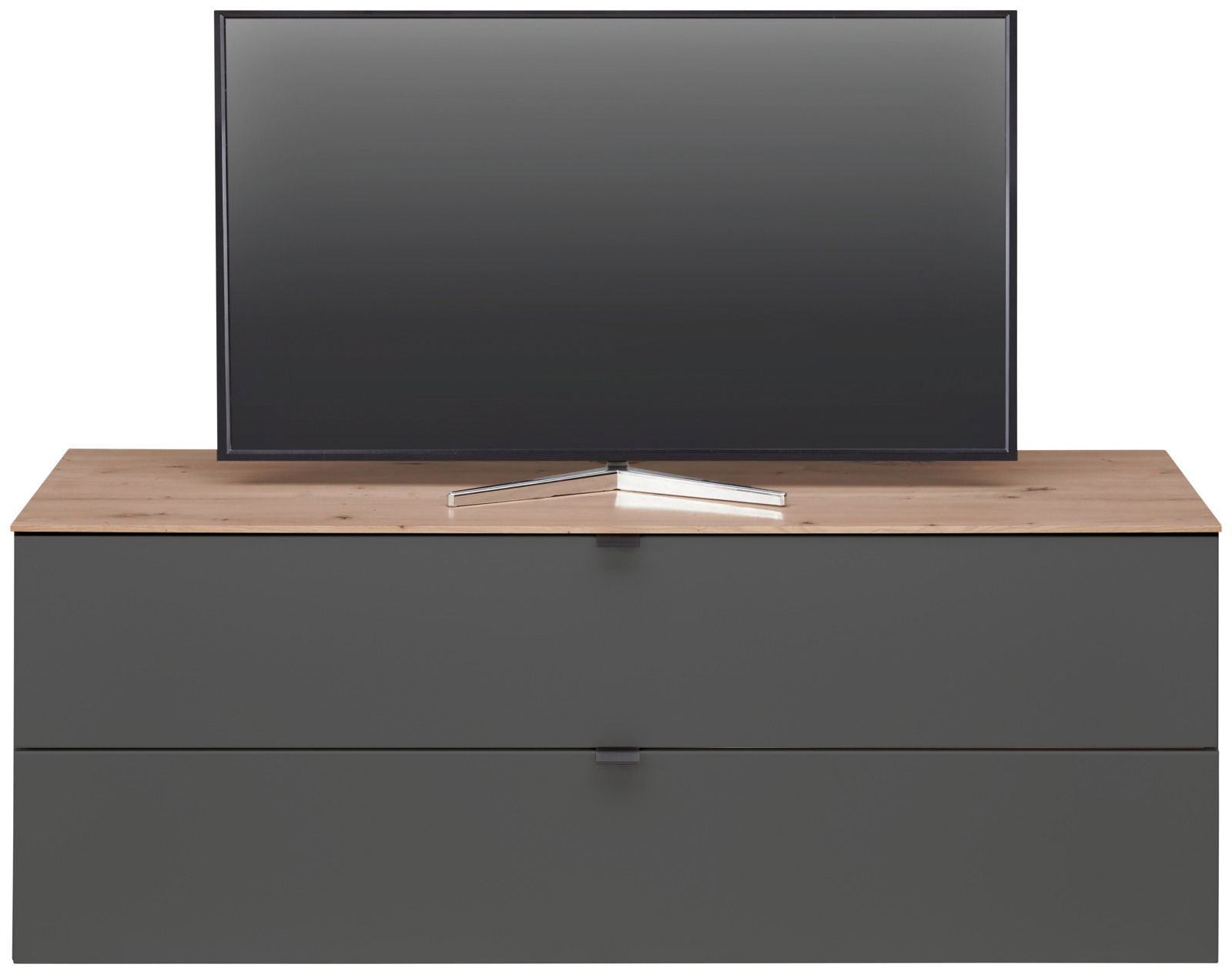 TV-Lowboard DIANA in Frontansicht mit Holzoberfläche und dunklen Schubladen, darauf steht ein Flachbildfernseher.