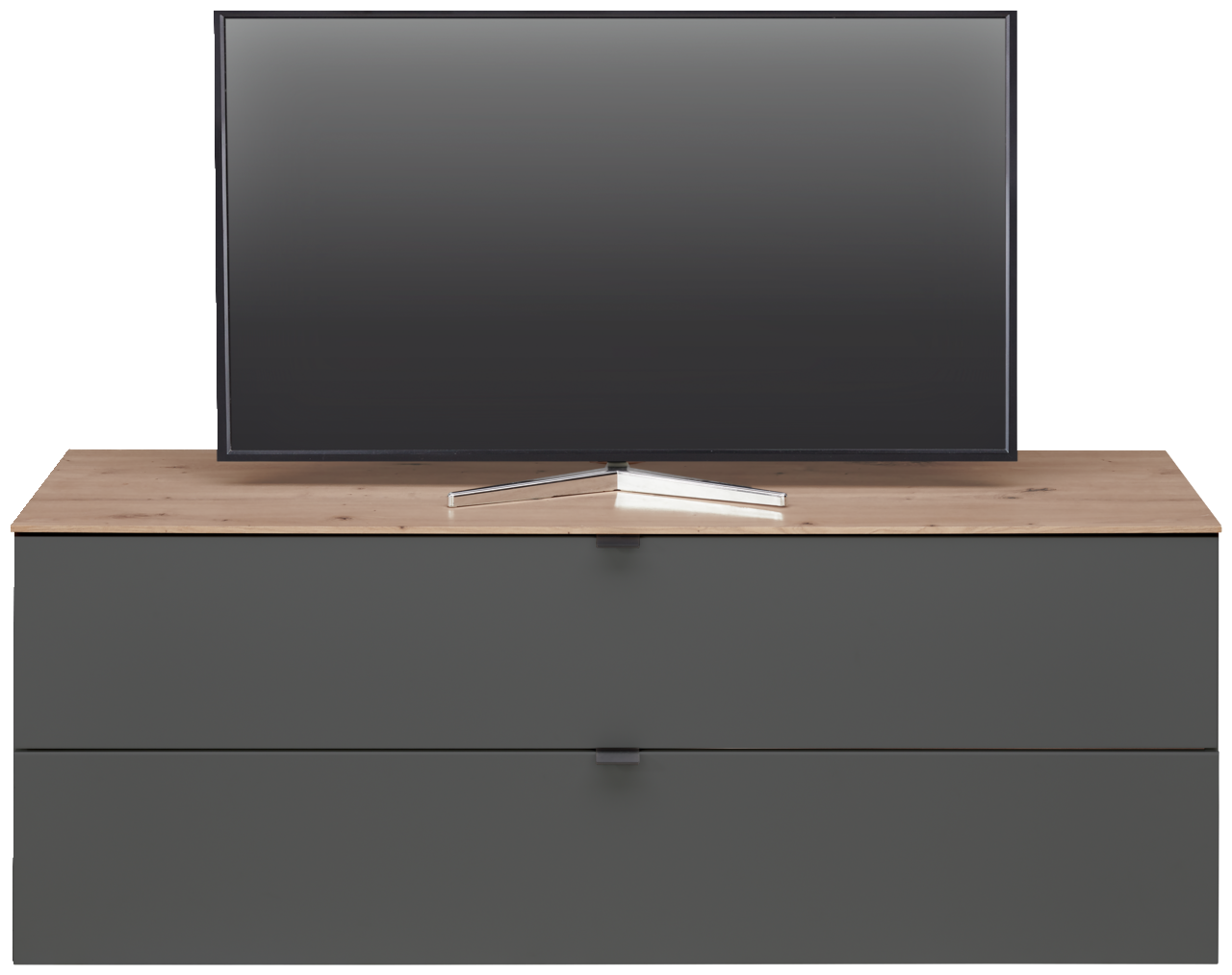 TV-Lowboard DIANA in Frontansicht mit Holzoberfläche und dunklen Schubladen, darauf steht ein Flachbildfernseher.