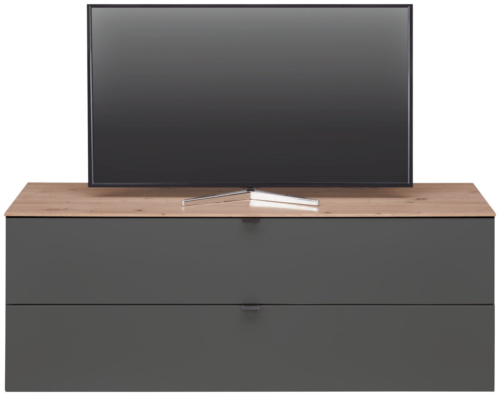 TV-Lowboard DIANA in Frontansicht mit Holzoberfläche und dunklen Schubladen, darauf steht ein Flachbildfernseher.
