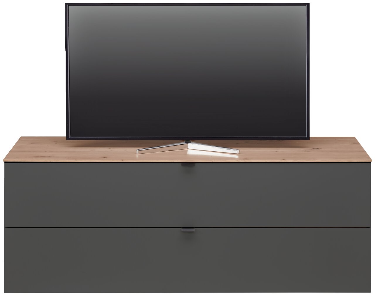 TV-Lowboard DIANA in Frontansicht mit Holzoberfläche und dunklen Schubladen, darauf steht ein Flachbildfernseher.
