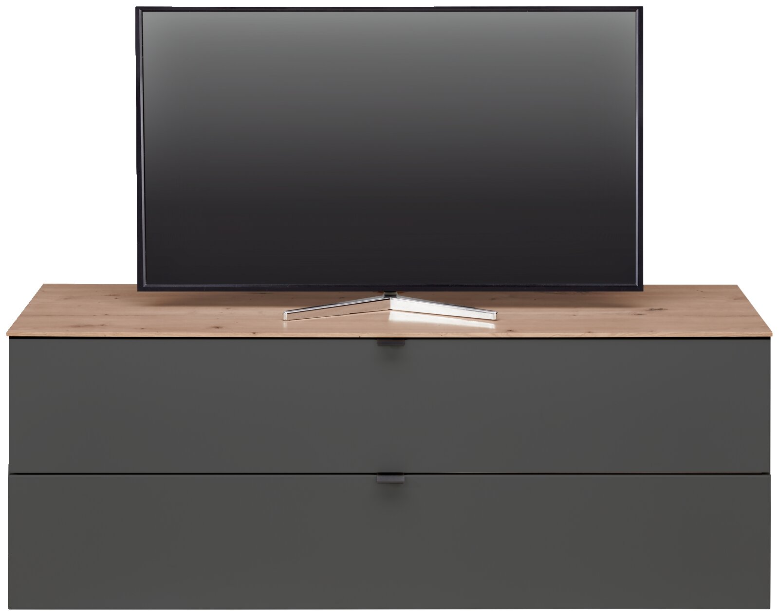 TV-lowboard DIANA in vooraanzicht met houten afwerking en donkere lades, met daarop een flatscreen-tv.