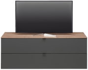 TV-lowboard DIANA in vooraanzicht met houten afwerking en donkere lades, met daarop een flatscreen-tv.