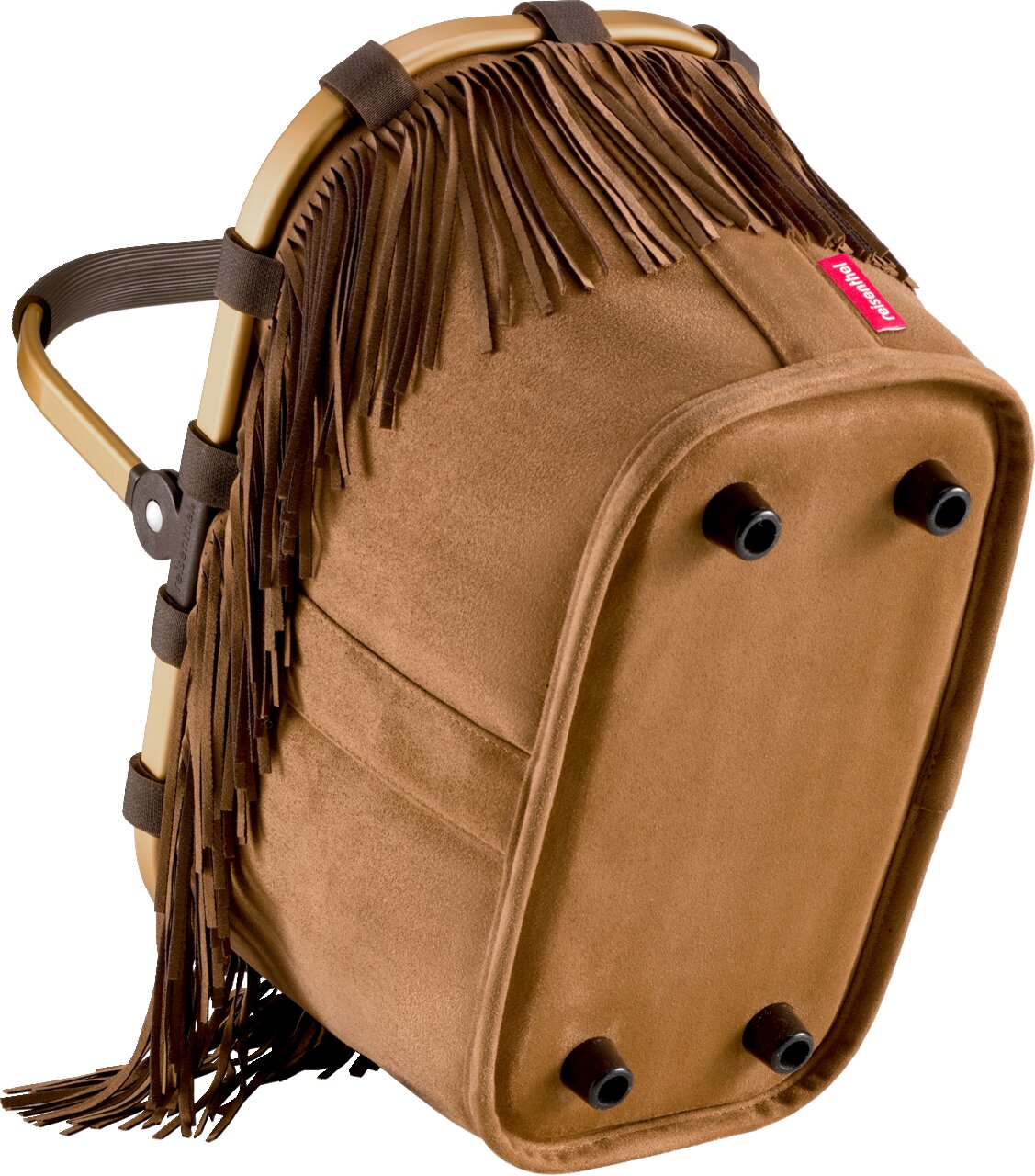 Braune Reisenthel-Tasche aus Veloursoptik mit Fransen und goldenem Metallrahmen, schräg von unten/seitlich fotografiert, mit vier schwarzen Standfüßen auf der Unterseite vor weißem Hintergrund.