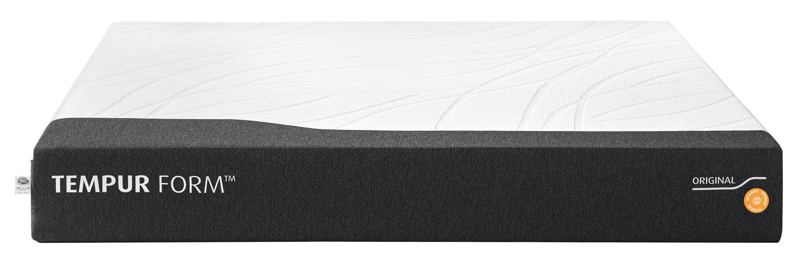 Viscomatratze 120x200 hybrid von vorne mit grauem Rand und weißer Oberseite, Markenname TEMPUR FORM sichtbar.