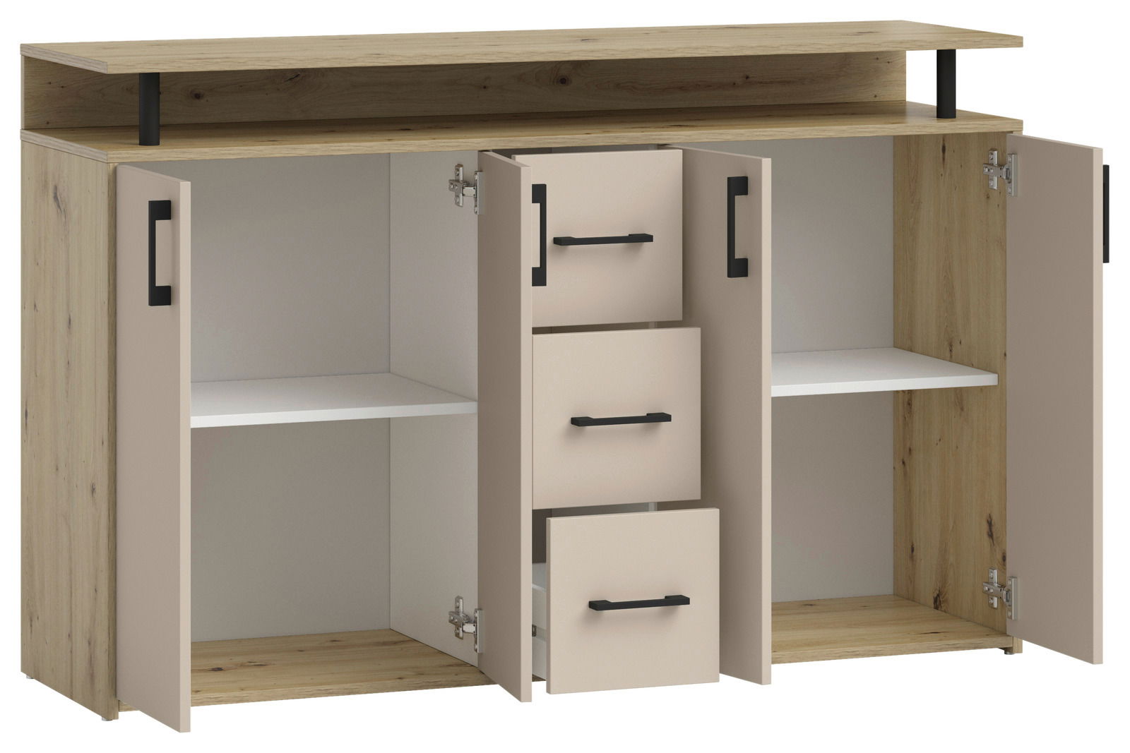 Offenes Sideboard aus Holz mit zwei Türen und drei Schubladen, Frontansicht