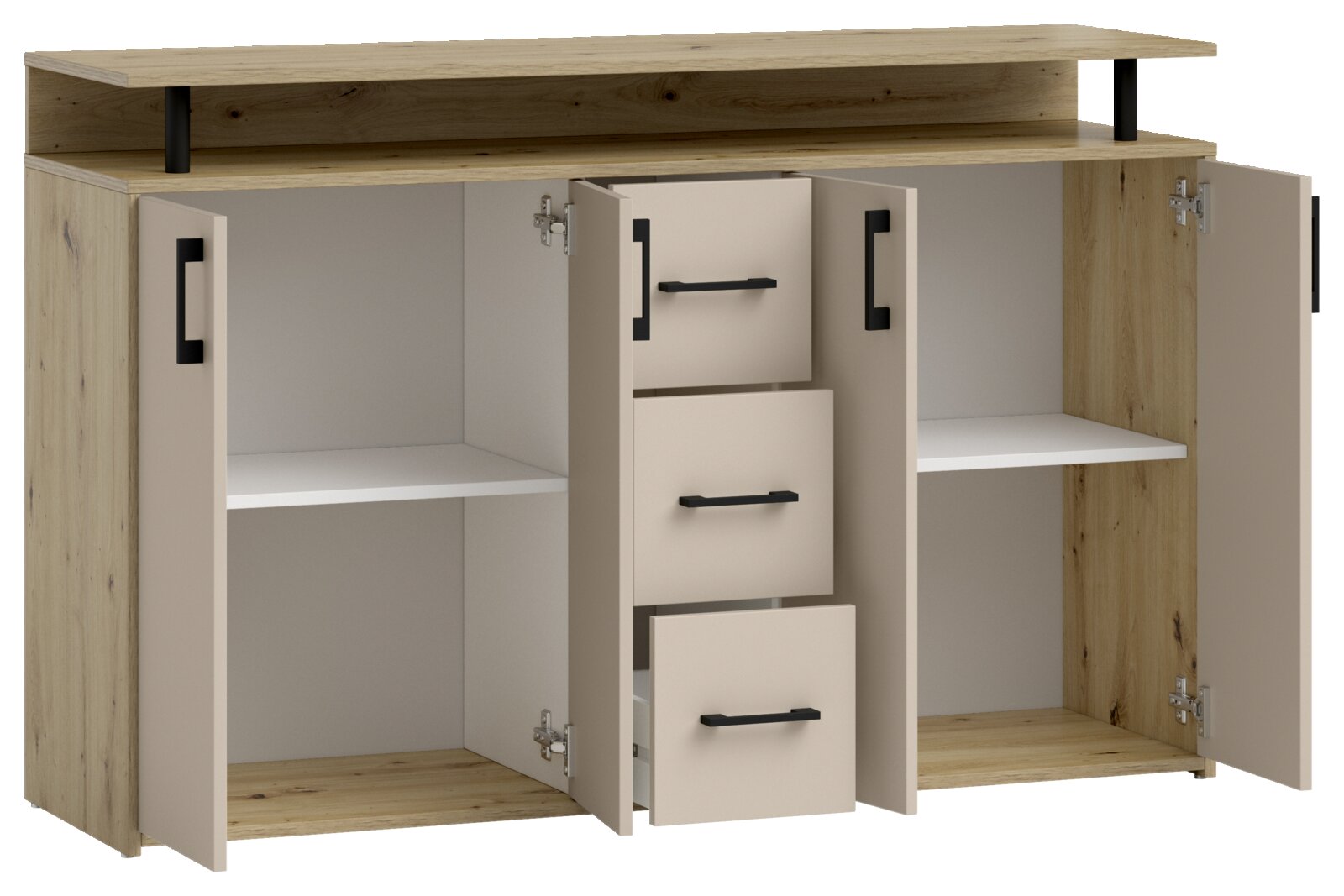 Offenes Sideboard aus Holz mit zwei Türen und drei Schubladen, Frontansicht