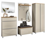 Modernes Garderoben-Set für den Flur in Beige mit Holzablagen, bestehend aus Spiegel, Schuhschrank/Kommode, Garderobenpaneel mit Haken und Sitzbank sowie hohem Schrank; Frontansicht leicht schräg von vorn.
