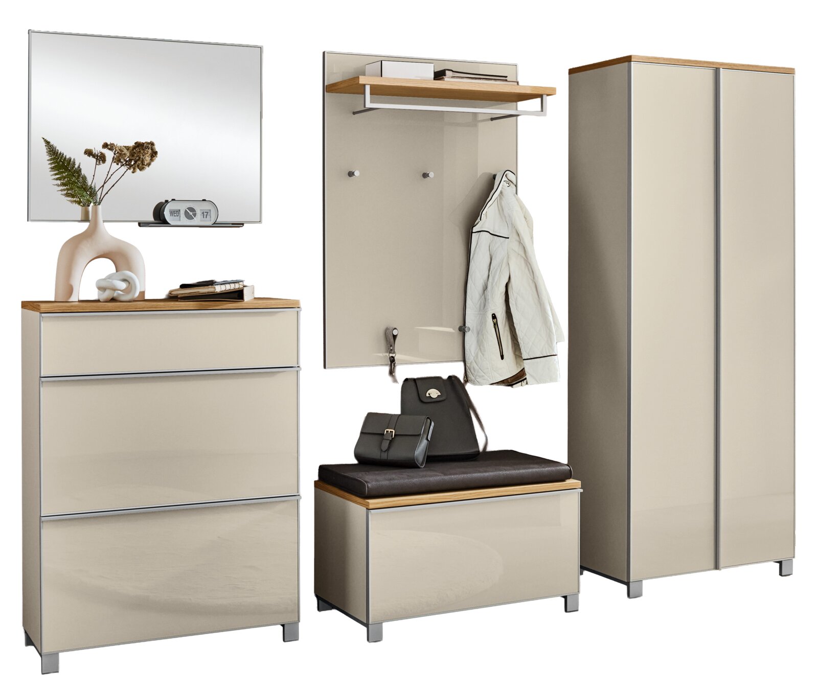 Modernes Garderoben-Set für den Flur in Beige mit Holzablagen, bestehend aus Spiegel, Schuhschrank/Kommode, Garderobenpaneel mit Haken und Sitzbank sowie hohem Schrank; Frontansicht leicht schräg von vorn.