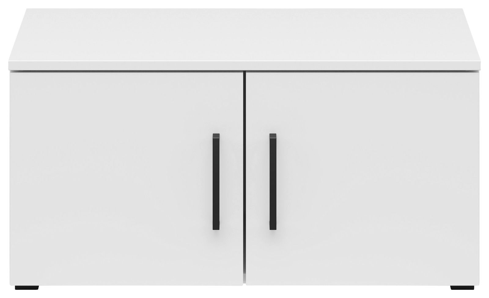 Weißer Aufsatzschrank mit zwei Türen und schwarzen Griffen, frontale Ansicht