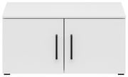 Weißer Aufsatzschrank mit zwei Türen und schwarzen Griffen, frontale Ansicht