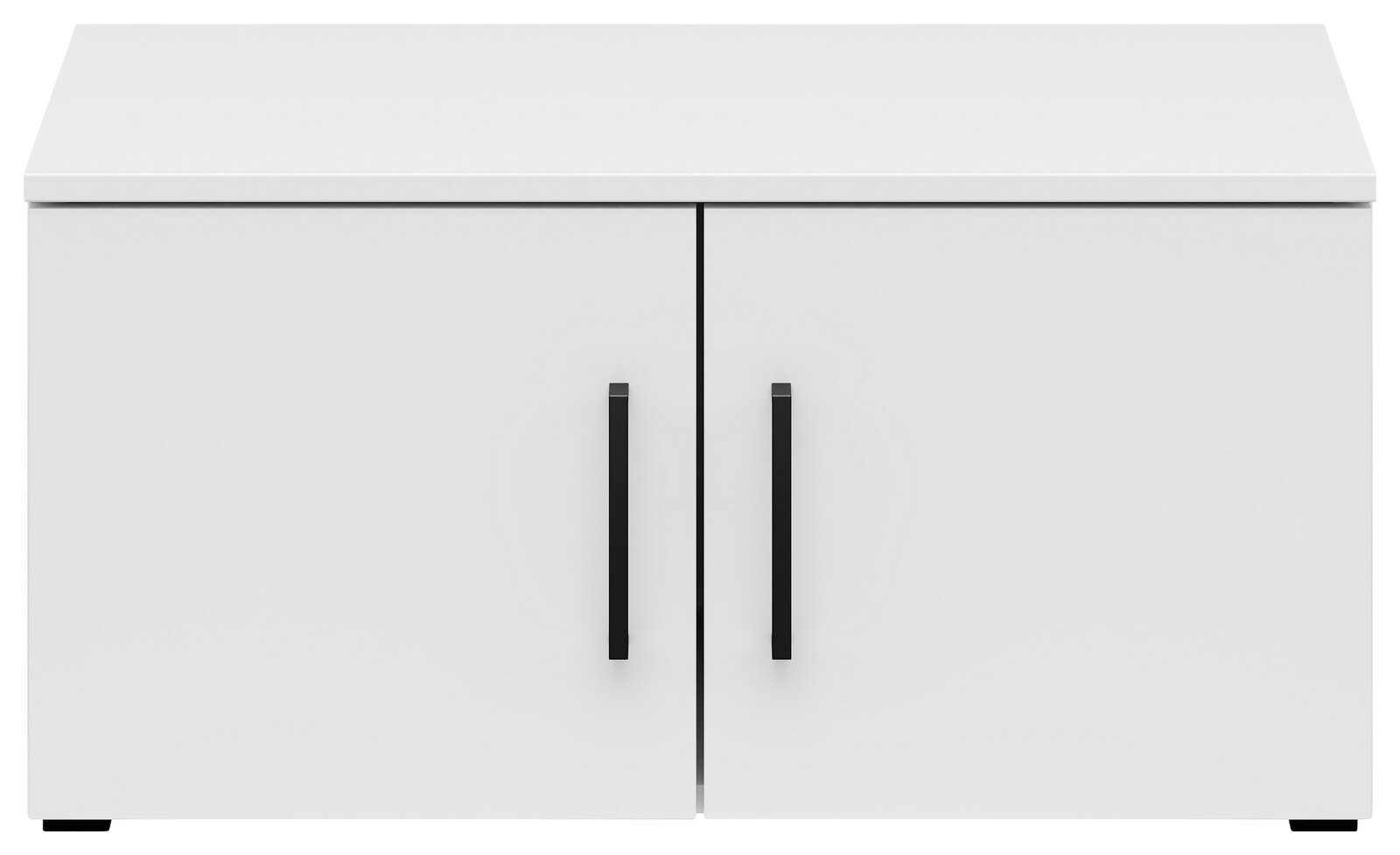Weißer Aufsatzschrank mit zwei Türen und schwarzen Griffen, frontale Ansicht