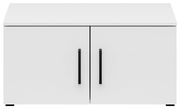 Weißer Aufsatzschrank mit zwei Türen und schwarzen Griffen, frontale Ansicht