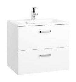 Moderner weißer Waschplatz mit zwei Schubladen und integriertem Waschbecken, Frontalansicht