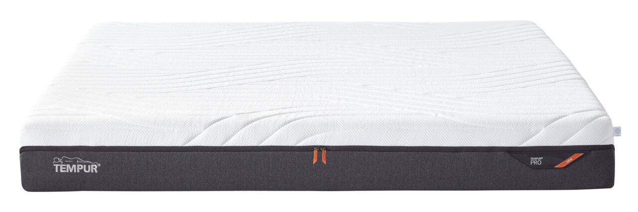 Tempur Viscomatratze PRO COOLQUILT Viscomatratze 160x200 firm von vorne, mit weißer Oberseite und grauem Rand, Markenlogo sichtbar.