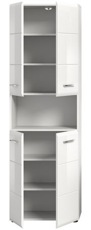 Hochschrank in weißem Hochglanz mit mehreren offenen Türen, frontal betrachtet.