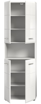 Hochschrank in weißem Hochglanz mit mehreren offenen Türen, frontal betrachtet.