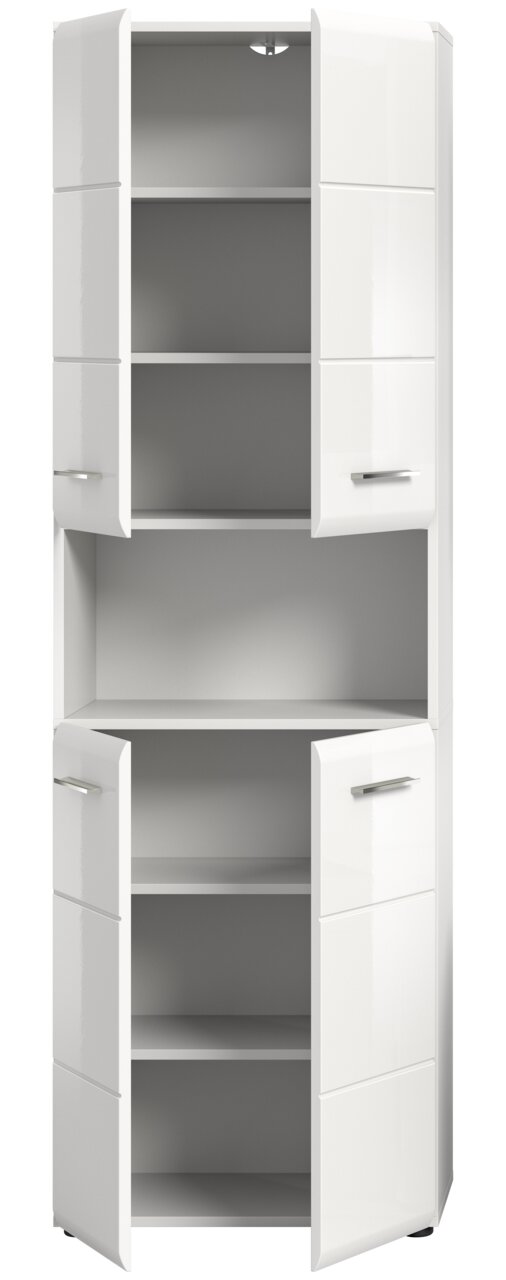 Hochschrank in weißem Hochglanz mit mehreren offenen Türen, frontal betrachtet.