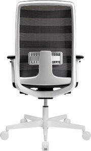 Rückansicht eines ergonomischen Bürodrehstuhls mit schwarzer Netzrückenlehne, weißem Rahmen und weißem Fußkreuz mit Rollen