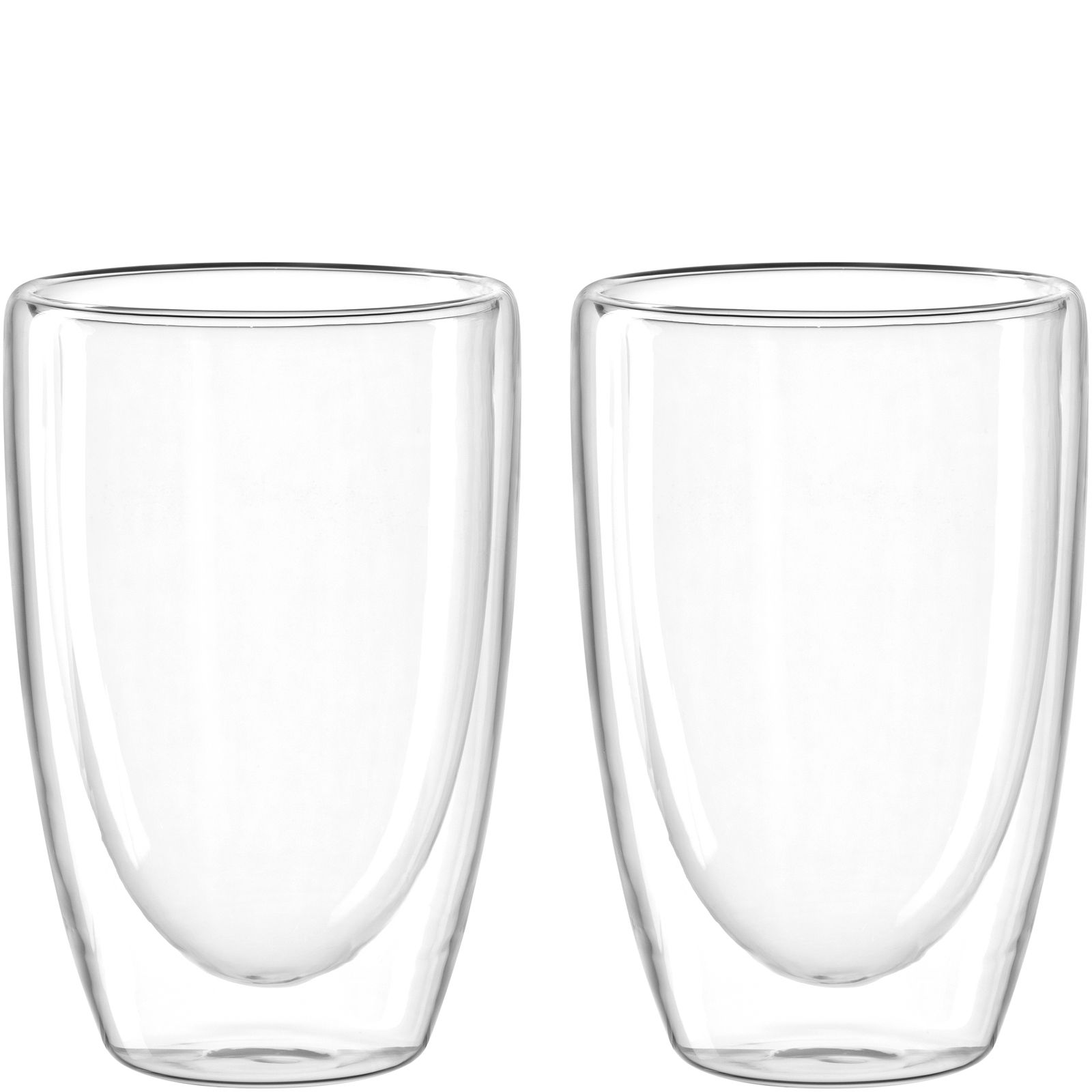 Zwei transparente doppelwandige Becher, frontal abgebildet, mit einem Fassungsvermögen von 400 ml.