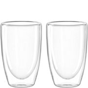 Zwei transparente doppelwandige Becher, frontal abgebildet, mit einem Fassungsvermögen von 400 ml.
