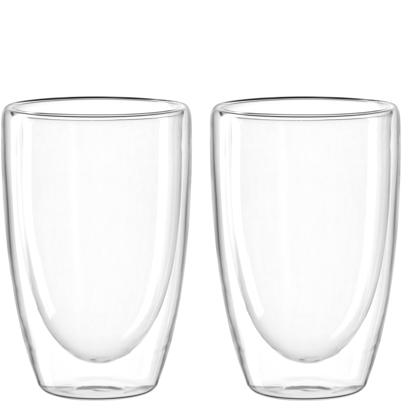Zwei transparente doppelwandige Becher, frontal abgebildet, mit einem Fassungsvermögen von 400 ml.
