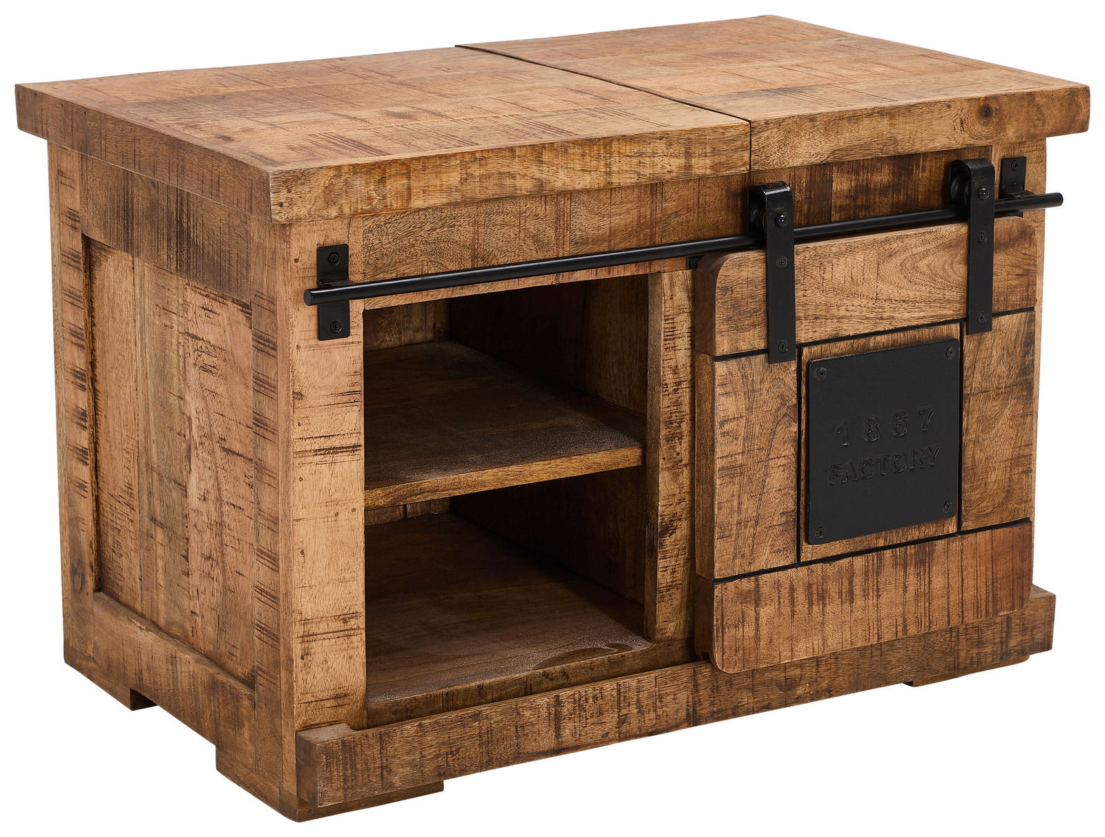 Z2 Kommode BARNEY Rustikale Kommode aus Holz mit Schiebetür und Metallakzenten, seitliche Perspektive