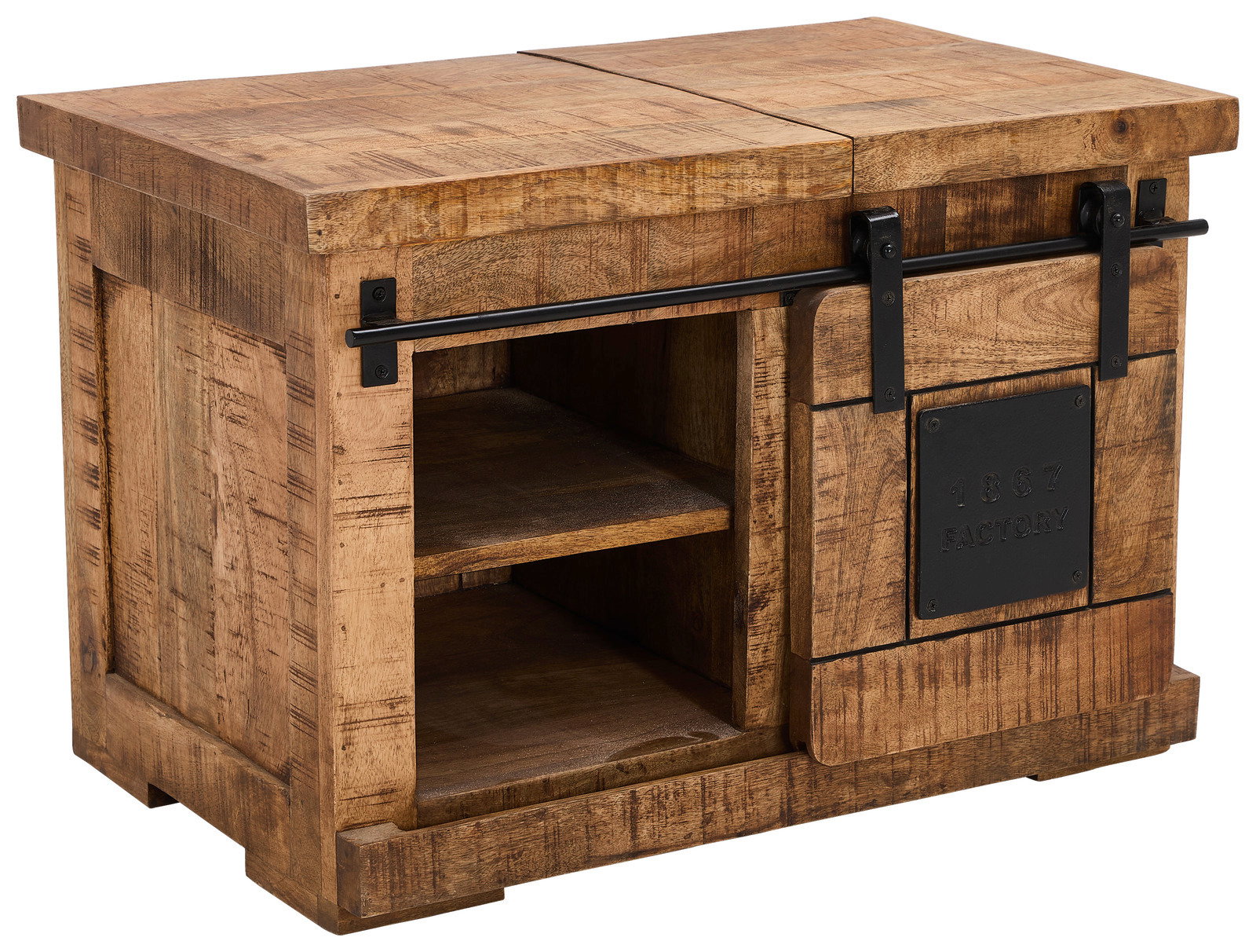 Z2 Kommode BARNEY Rustikale Kommode aus Holz mit Schiebetür und Metallakzenten, seitliche Perspektive