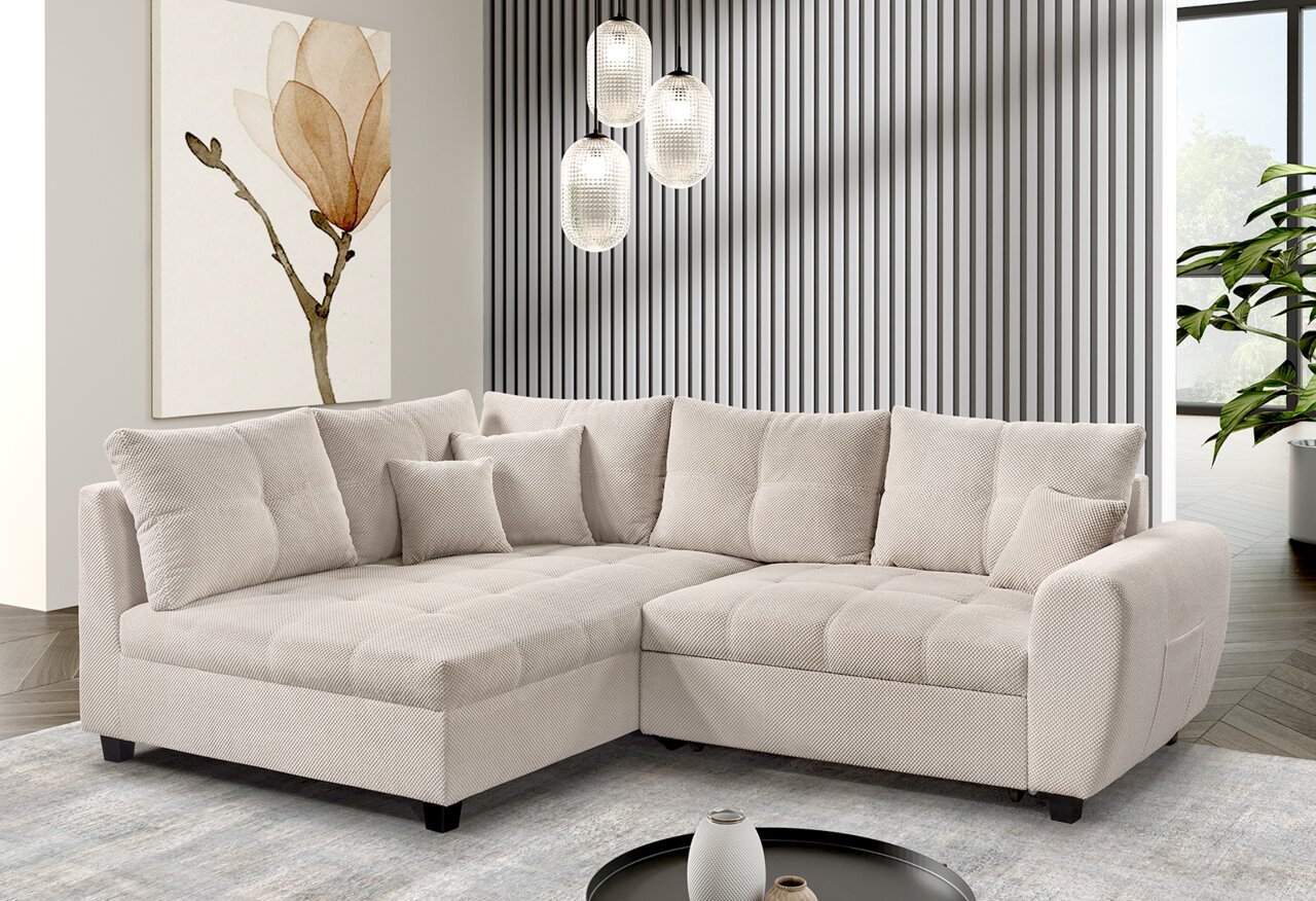 Z2 Ecksofa BELLUNO Beige Ecksofa in einem modernen Wohnzimmer, seitliche Perspektive