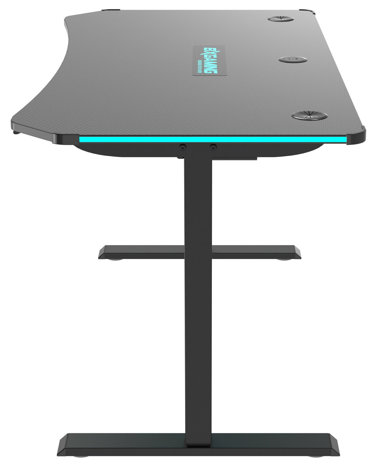 Seitliche Ansicht eines modernen E-Gaming Tisches mit schwarzer Oberfläche und blauen Akzenten.