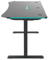 Seitliche Ansicht eines modernen E-Gaming Tisches mit schwarzer Oberfläche und blauen Akzenten.