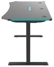 Seitliche Ansicht eines modernen E-Gaming Tisches mit schwarzer Oberfläche und blauen Akzenten.