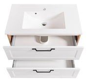 Waschtisch-Set mit zwei offenen Schubladen, weiße Oberfläche und schwarzem Griff, aus der Vogelperspektive