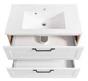 Waschtisch-Set mit zwei offenen Schubladen, weiße Oberfläche und schwarzem Griff, aus der Vogelperspektive