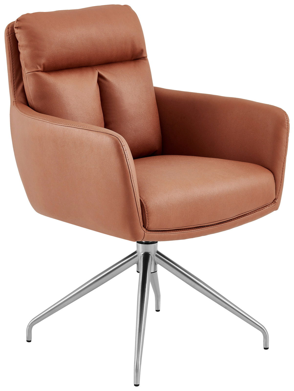 Moderner Armlehnstuhl in braunem Leder mit Metallgestell, seitliche Perspektive