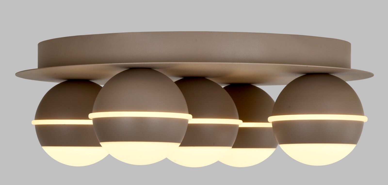 Moderne led-plafondlamp met vijf bolvormige lichtelementen, zijaanzicht
