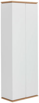 Weißer Garderobenschrank mit Holzakzenten, seitliche Perspektive