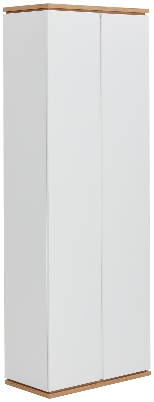 XORA Garderobenschrank YAMAEL Weißer Garderobenschrank mit Holzakzenten, seitliche Perspektive
