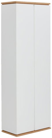 Weißer Garderobenschrank mit Holzakzenten, seitliche Perspektive