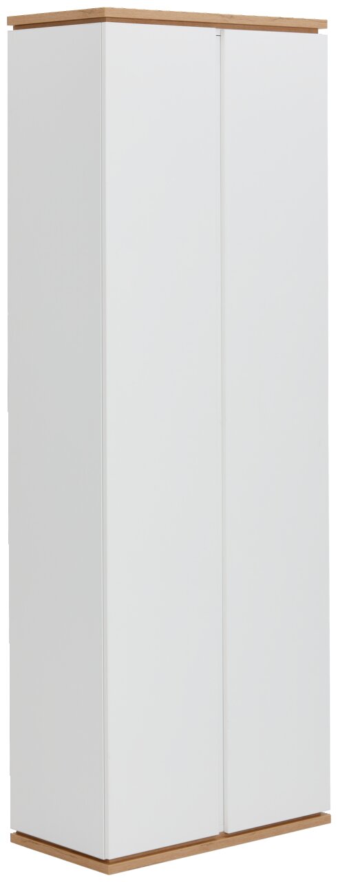 Weißer Garderobenschrank mit Holzakzenten, seitliche Perspektive