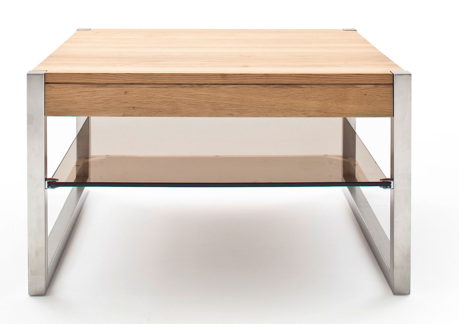 Moderner Couchtisch mit Holzplatte und Metallrahmen, frontal betrachtet