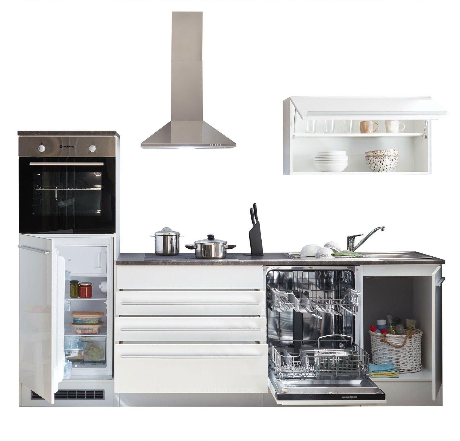 Küchenblock 260 JAZZ in Frontalansicht mit Herd, Dunstabzugshaube, Kühlschrank, Geschirrspüler und Hängeschrank.