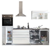 Küchenblock 260 JAZZ in Frontalansicht mit Herd, Dunstabzugshaube, Kühlschrank, Geschirrspüler und Hängeschrank.