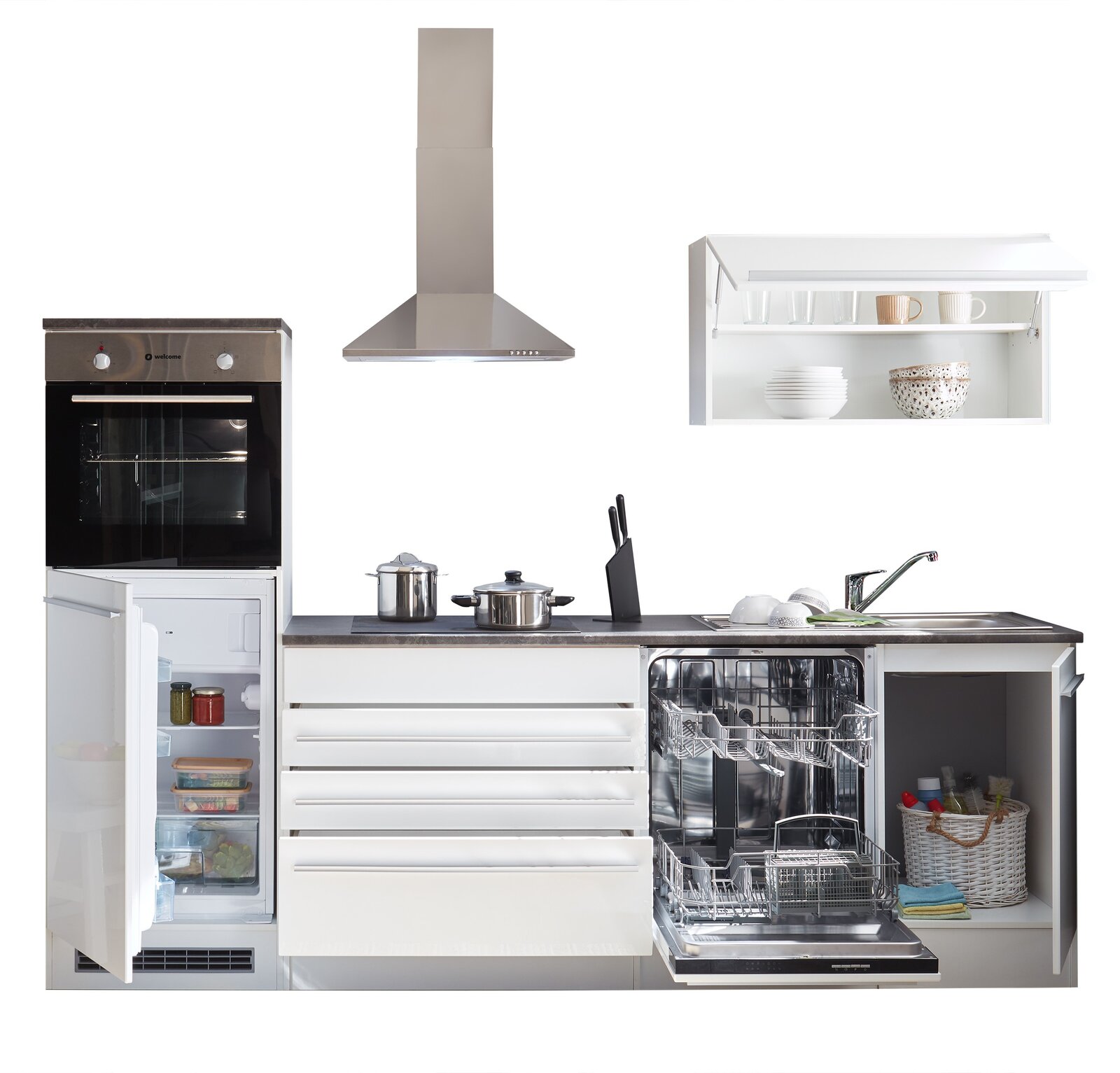 Küchenblock 260 JAZZ in Frontalansicht mit Herd, Dunstabzugshaube, Kühlschrank, Geschirrspüler und Hängeschrank.