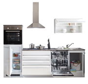 Küchenblock 260 JAZZ in Frontalansicht mit Herd, Dunstabzugshaube, Kühlschrank, Geschirrspüler und Hängeschrank.