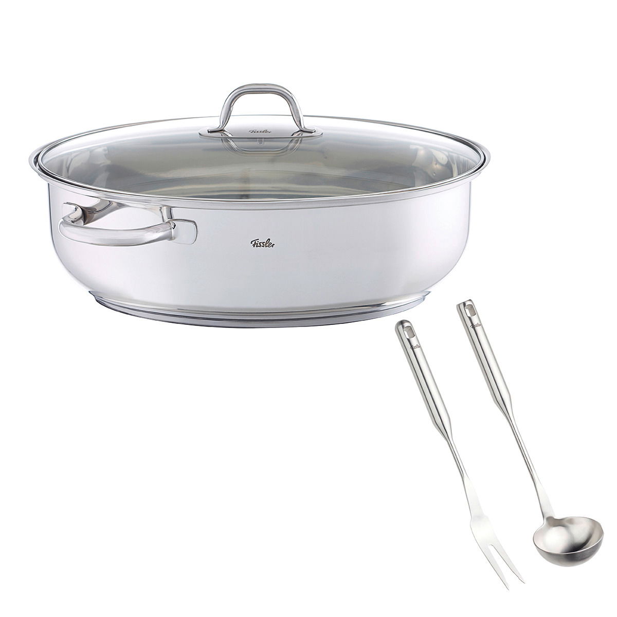 Edelstahlbräter mit Glasdeckel, Gabel und Schöpflöffel, seitliche Perspektive