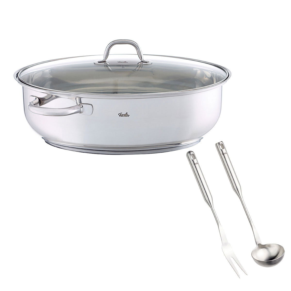 Edelstahlbräter mit Glasdeckel, Gabel und Schöpflöffel, seitliche Perspektive