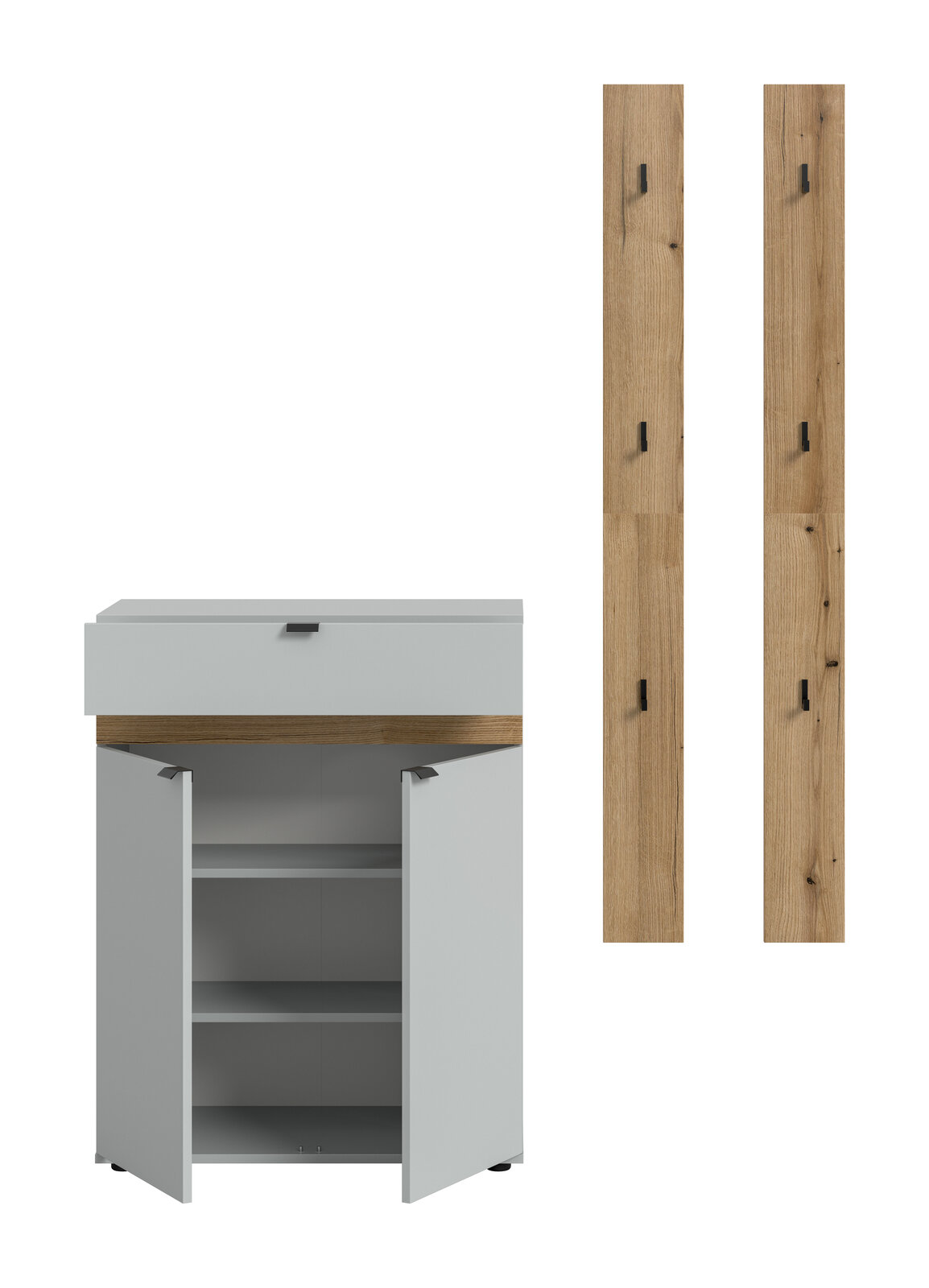 Offener Unterschrank in Hellgrau mit Holzblende, Frontansicht; daneben zwei vertikale Holzleisten mit schwarzen Haken in Frontansicht